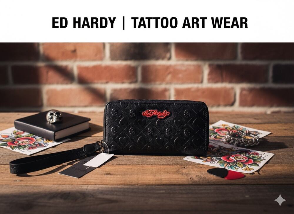 Ed Hardy Embossed Skull & Heart Zip-Around Wristlet Wallet - NWT